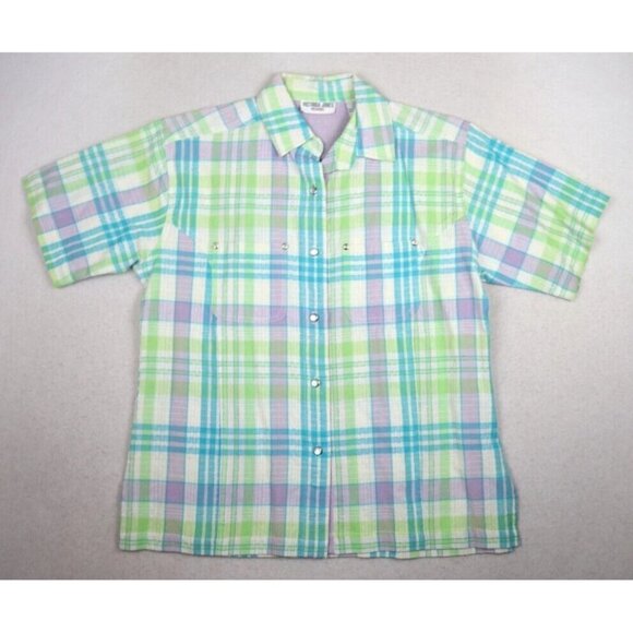 VICTORIA JONES - WOMEN'S BLUE & GREEN PLAID SHORT SLEEVE BUTTON-UP TOP - SIZE PS - Picture 1 of 8